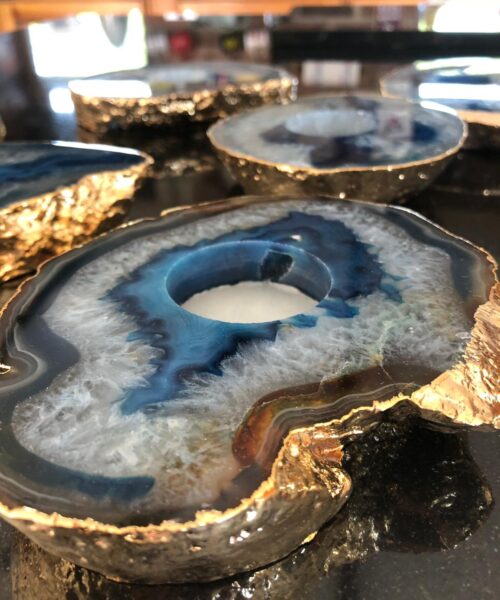 Large Blue Agate Slice Microcrystalline Quartz Gold Gilded 24ct Tealight Candle Holder - Image 10