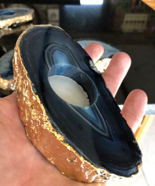 Large Blue Agate Slice Microcrystalline Quartz Gold Gilded 24ct Tealight Candle Holder - Image 9
