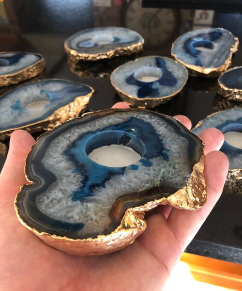 Large Blue Agate Slice Microcrystalline Quartz Gold Gilded 24ct Tealight Candle Holder