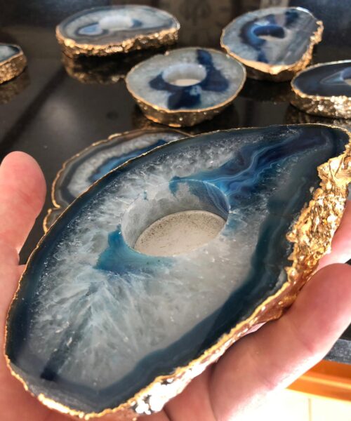 Alternative view of Large Blue Agate Slice Microcrystalline Quartz Gold Gilded 24ct Tealight Candle Holder