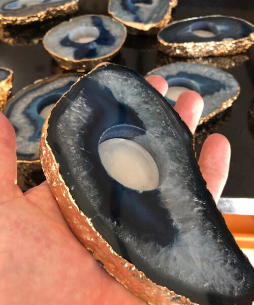 Large Blue Agate Slice Microcrystalline Quartz Gold Gilded 24ct Tealight Candle Holder - Image 3