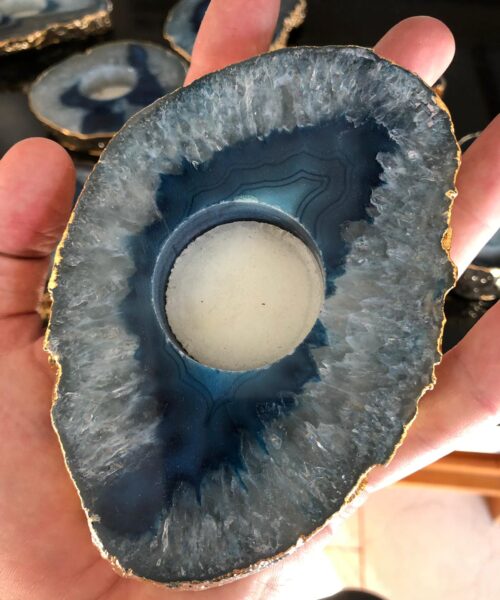 Large Blue Agate Slice Microcrystalline Quartz Gold Gilded 24ct Tealight Candle Holder - Image 4