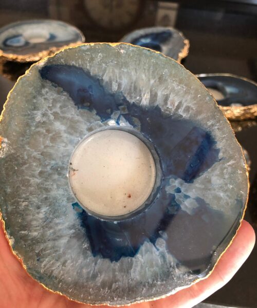 Large Blue Agate Slice Microcrystalline Quartz Gold Gilded 24ct Tealight Candle Holder - Image 5