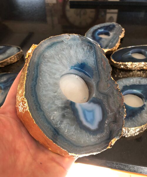 Large Blue Agate Slice Microcrystalline Quartz Gold Gilded 24ct Tealight Candle Holder - Image 6
