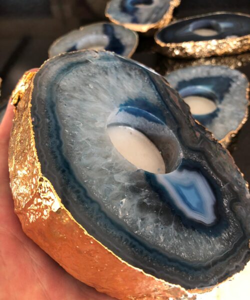 Large Blue Agate Slice Microcrystalline Quartz Gold Gilded 24ct Tealight Candle Holder - Image 7