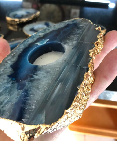 Large Blue Agate Slice Microcrystalline Quartz Gold Gilded 24ct Tealight Candle Holder - Image 8