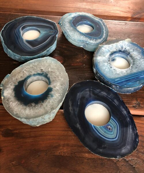 Large Blue Agate Slice Microcrystalline Quartz Tealight Candle Holder Ornament Gift