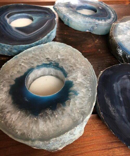 Large Blue Agate Slice Microcrystalline Quartz Tealight Candle Holder Ornament Gift - Image 3