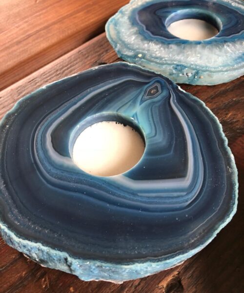 Large Blue Agate Slice Microcrystalline Quartz Tealight Candle Holder Ornament Gift - Image 6
