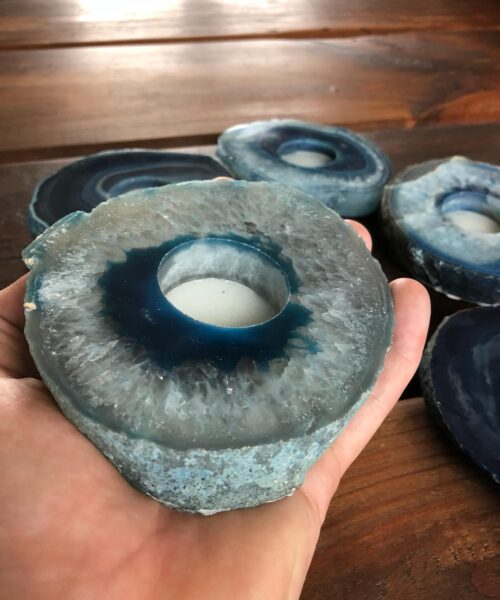 Large Blue Agate Slice Microcrystalline Quartz Tealight Candle Holder Ornament Gift - Image 7