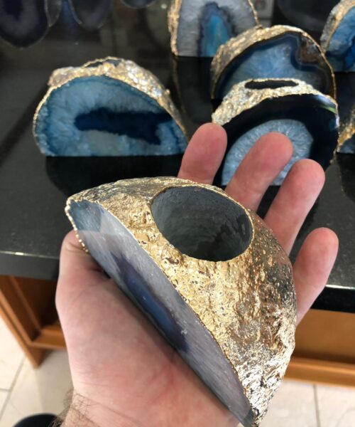 Large Blue Agate End Microcrystalline Quartz Gold Gilded 24ct Gold Tealight Candle Holder - Image 9