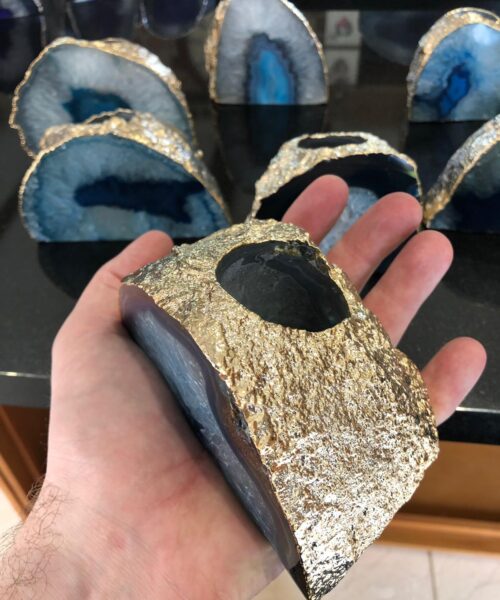 Large Blue Agate End Microcrystalline Quartz Gold Gilded 24ct Gold Tealight Candle Holder - Image 11