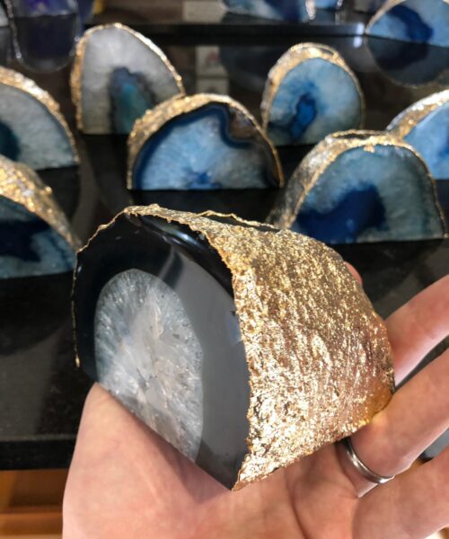 Large Blue Agate End Microcrystalline Quartz Gold Gilded 24ct Gold Tealight Candle Holder - Image 3