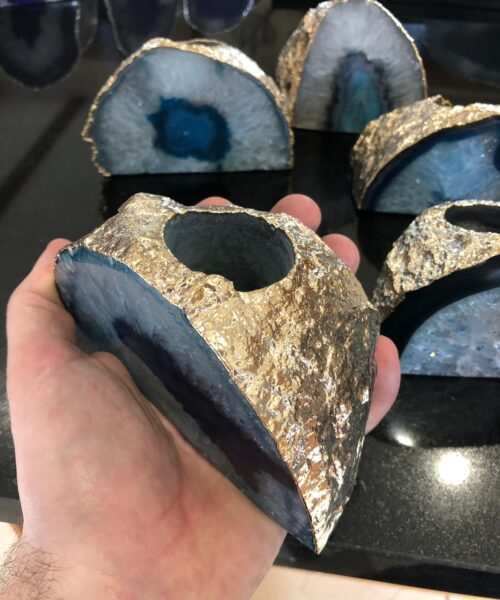 Large Blue Agate End Microcrystalline Quartz Gold Gilded 24ct Gold Tealight Candle Holder - Image 5