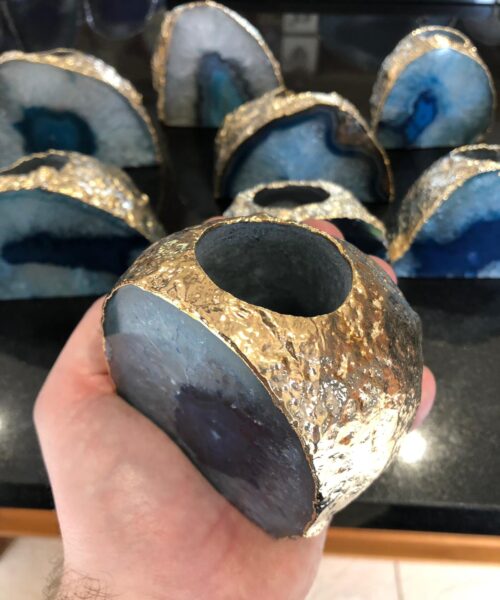Large Blue Agate End Microcrystalline Quartz Gold Gilded 24ct Gold Tealight Candle Holder - Image 7
