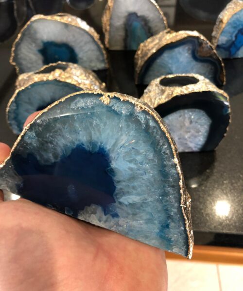 Large Blue Agate End Microcrystalline Quartz Gold Gilded 24ct Gold Tealight Candle Holder