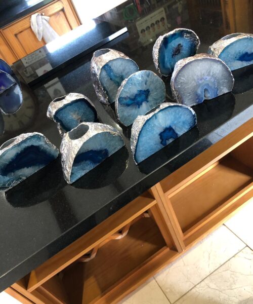 Alternative view of Large Blue Agate End Microcrystalline Quartz Silver Gilded Tealight Candle Holder