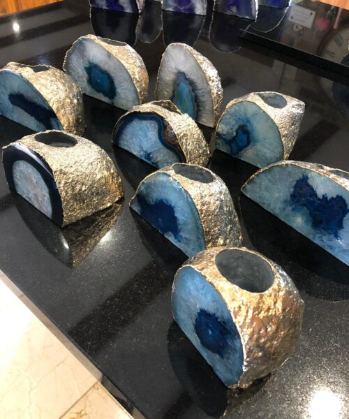 Large Blue Agate End Microcrystalline Quartz Silver Gilded Tealight Candle Holder