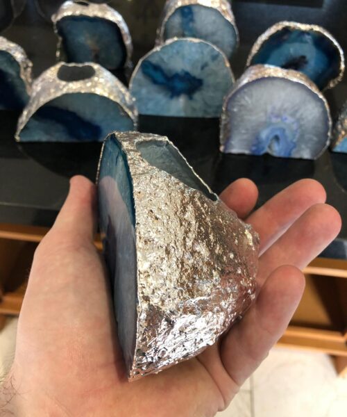 Large Blue Agate End Microcrystalline Quartz Silver Gilded Tealight Candle Holder - Image 4