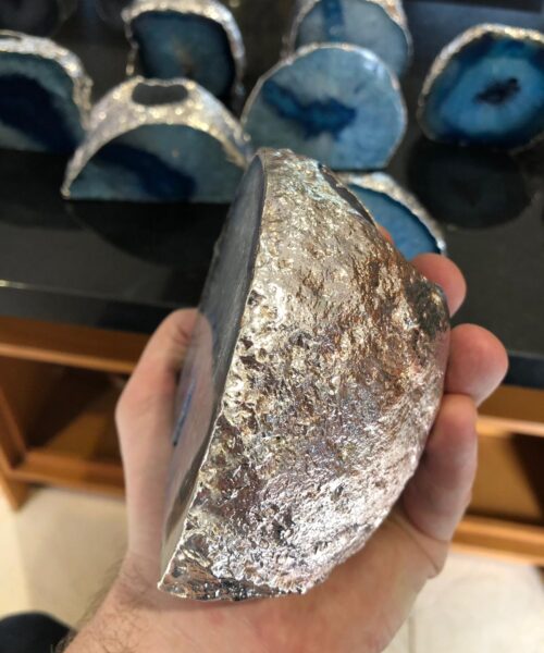 Large Blue Agate End Microcrystalline Quartz Silver Gilded Tealight Candle Holder - Image 7