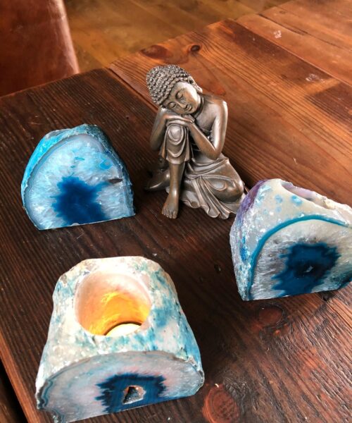 Large Teal Agate End Microcrystalline Quartz Tealight Candle Holder Ornament - Image 3