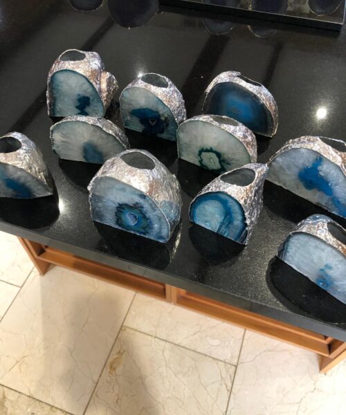 Large Teal Agate End Microcrystalline Quartz Silver Gilded Tealight Candle Holder
