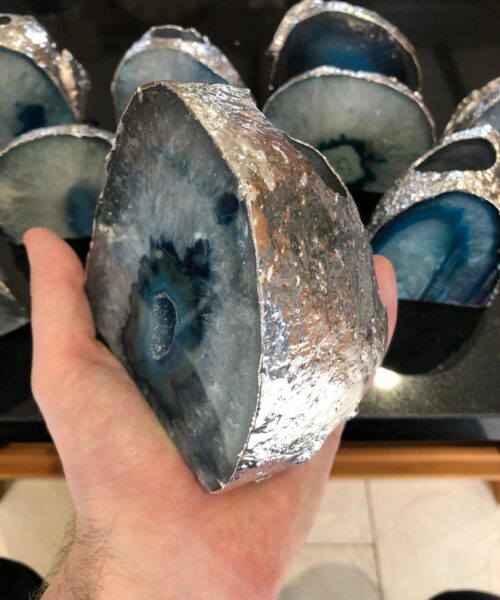 Large Teal Agate End Microcrystalline Quartz Silver Gilded Tealight Candle Holder - Image 5