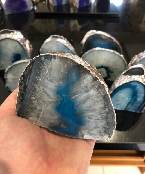 Large Teal Agate End Microcrystalline Quartz Silver Gilded Tealight Candle Holder - Image 6
