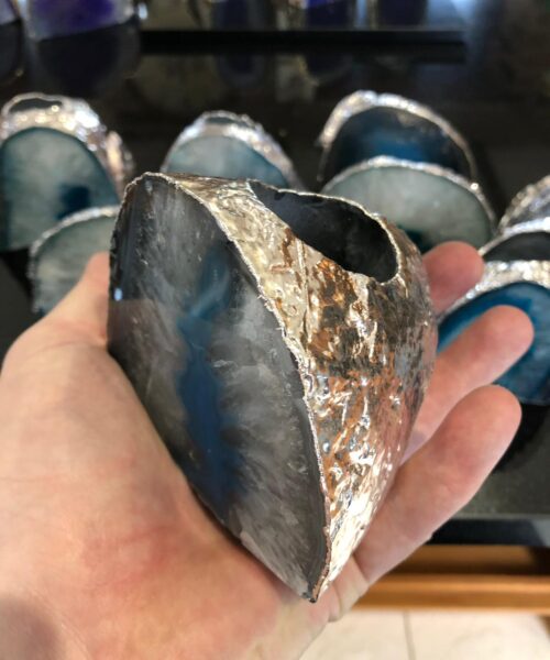Large Teal Agate End Microcrystalline Quartz Silver Gilded Tealight Candle Holder - Image 7