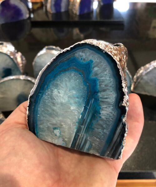 Large Teal Agate End Microcrystalline Quartz Silver Gilded Tealight Candle Holder - Image 8