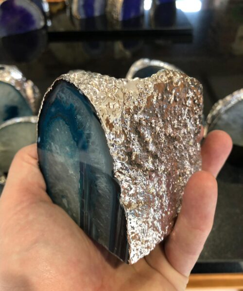 Large Teal Agate End Microcrystalline Quartz Silver Gilded Tealight Candle Holder - Image 9