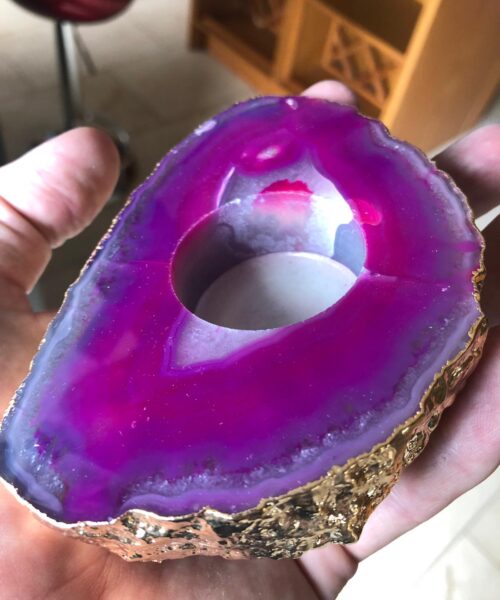 Alternative view of Large Pink Agate Slice Microcrystalline Quartz Gold Gilded 24ct Tealight Candle Holder