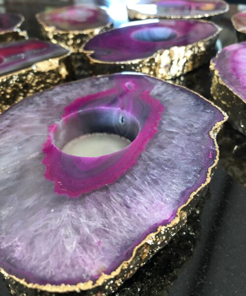 Large Pink Agate Slice Microcrystalline Quartz Gold Gilded 24ct Tealight Candle Holder - Image 3