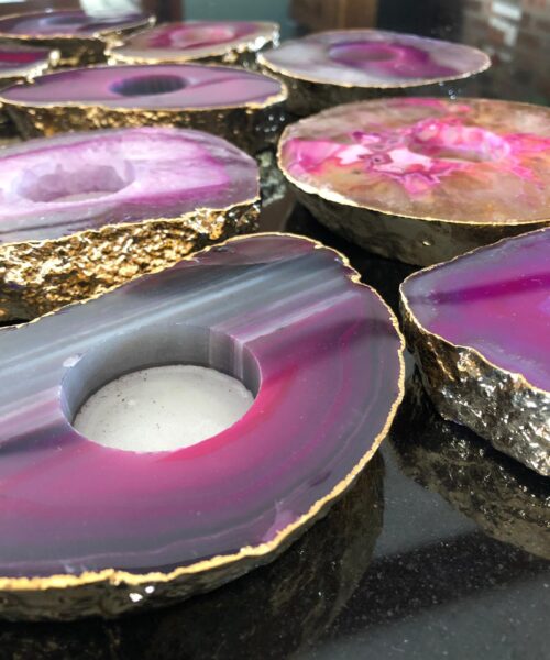 Large Pink Agate Slice Microcrystalline Quartz Gold Gilded 24ct Tealight Candle Holder - Image 4