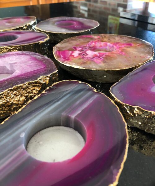 Large Pink Agate Slice Microcrystalline Quartz Gold Gilded 24ct Tealight Candle Holder - Image 5