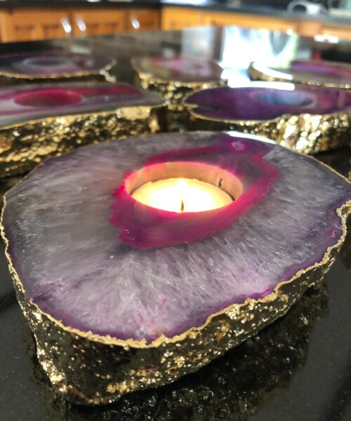 Large Pink Agate Slice Microcrystalline Quartz Gold Gilded 24ct Tealight Candle Holder - Image 6
