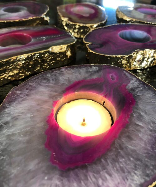 Large Pink Agate Slice Microcrystalline Quartz Gold Gilded 24ct Tealight Candle Holder - Image 7