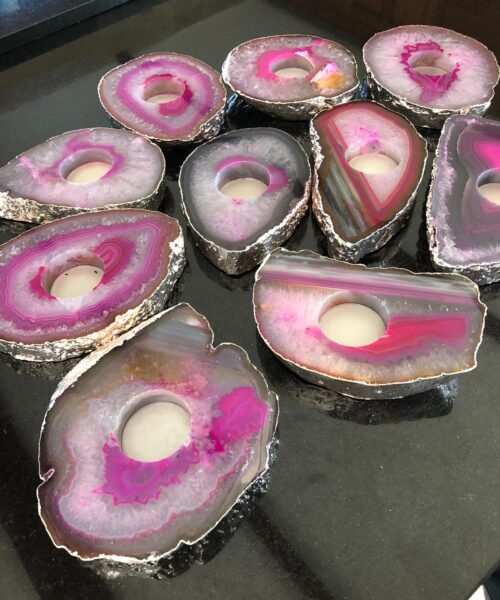Large Pink Agate Slice Microcrystalline Quartz Silver Gilded Tealight Candle Holder