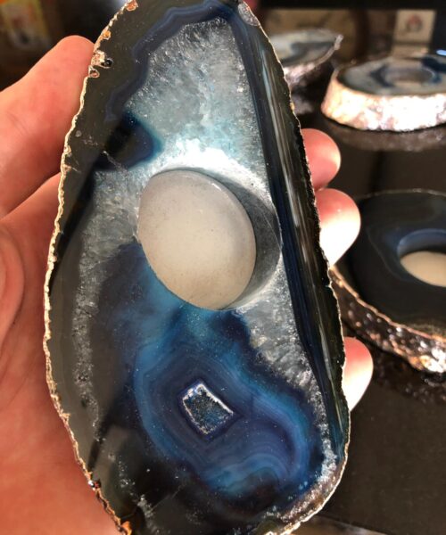 Alternative view of Large Blue Agate Slice Microcrystalline Quartz Silver Gilded Tealight Candle Holder