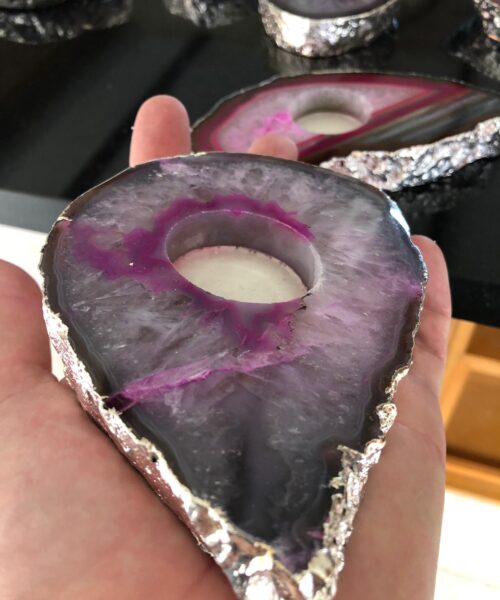 Large Pink Agate Slice Microcrystalline Quartz Silver Gilded Tealight Candle Holder - Image 10