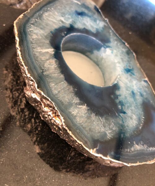 Large Blue Agate Slice Microcrystalline Quartz Silver Gilded Tealight Candle Holder - Image 11