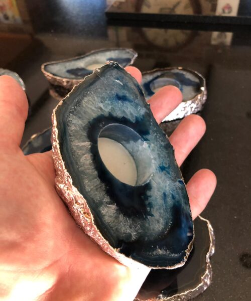 Large Blue Agate Slice Microcrystalline Quartz Silver Gilded Tealight Candle Holder - Image 12