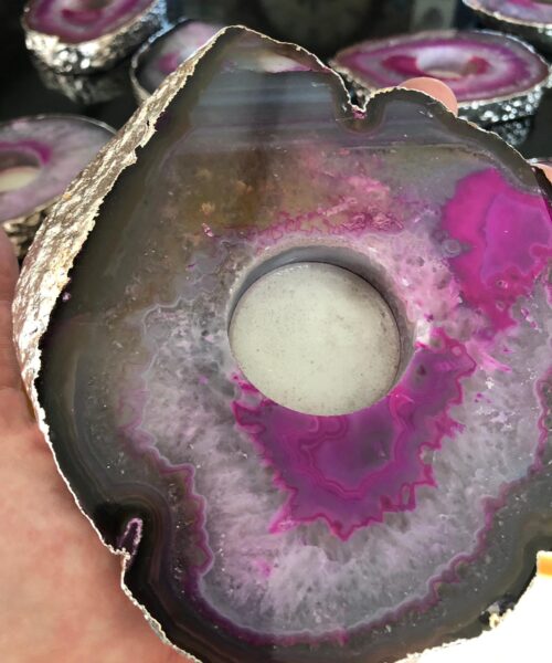 Large Pink Agate Slice Microcrystalline Quartz Silver Gilded Tealight Candle Holder - Image 11