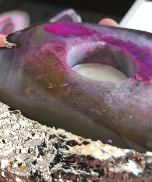 Large Pink Agate Slice Microcrystalline Quartz Silver Gilded Tealight Candle Holder - Image 12