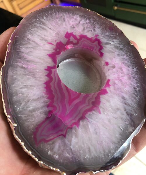 Large Pink Agate Slice Microcrystalline Quartz Silver Gilded Tealight Candle Holder - Image 13