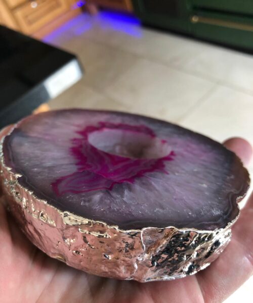 Large Pink Agate Slice Microcrystalline Quartz Silver Gilded Tealight Candle Holder - Image 14