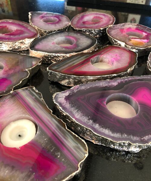 Alternative view of Large Pink Agate Slice Microcrystalline Quartz Silver Gilded Tealight Candle Holder