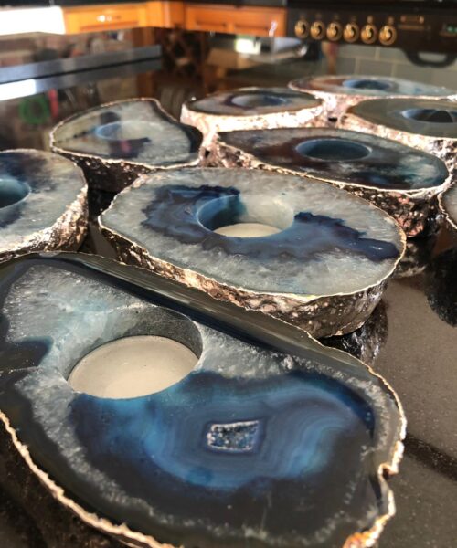 Large Blue Agate Slice Microcrystalline Quartz Silver Gilded Tealight Candle Holder