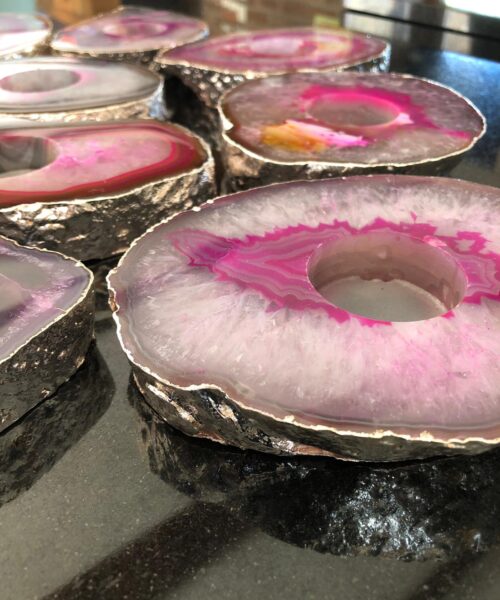 Large Pink Agate Slice Microcrystalline Quartz Silver Gilded Tealight Candle Holder - Image 3