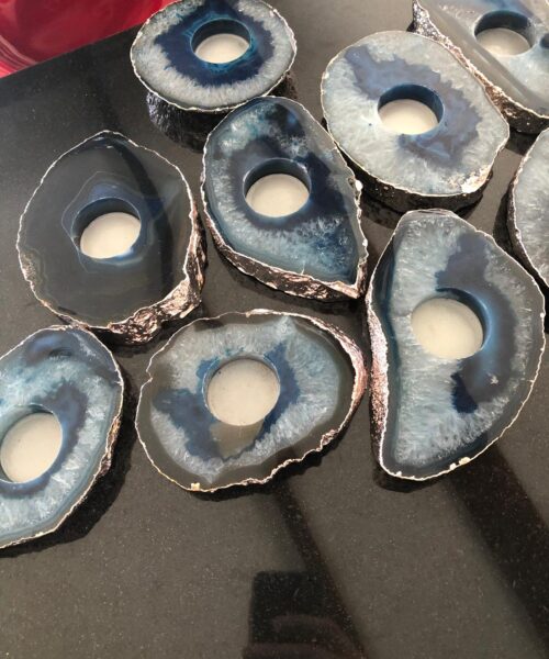 Large Blue Agate Slice Microcrystalline Quartz Silver Gilded Tealight Candle Holder - Image 4